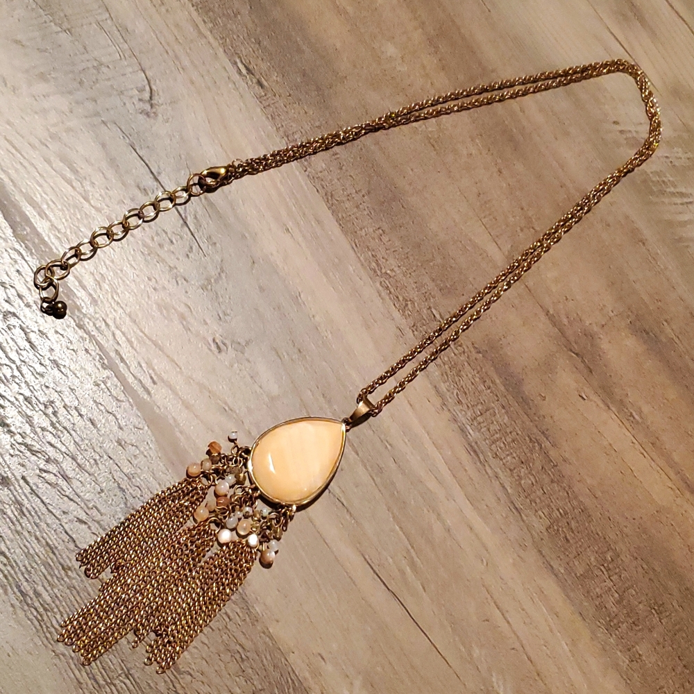 *2/$10* Long Statement Necklace on Gold Chain with Loght Pink Gem and Accents